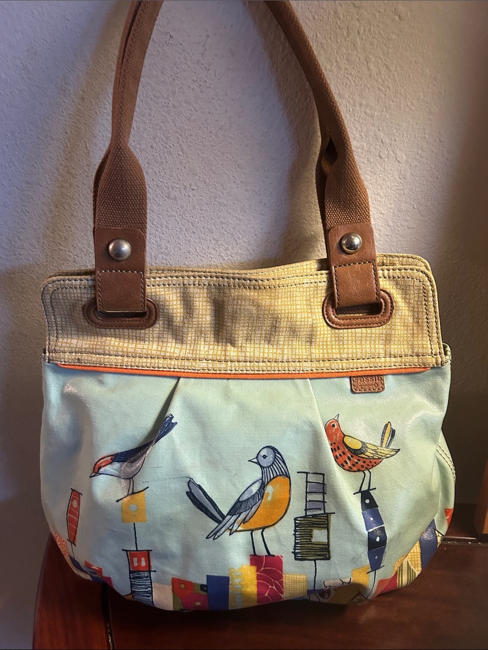 Fossil Bird Print Canvas Tote Bag in Light Blue with Brown Handles